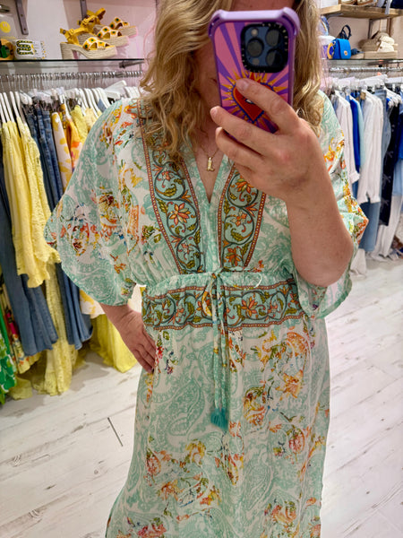 Silk Kimono Sleeve Maxi Dress | Aqua Multi