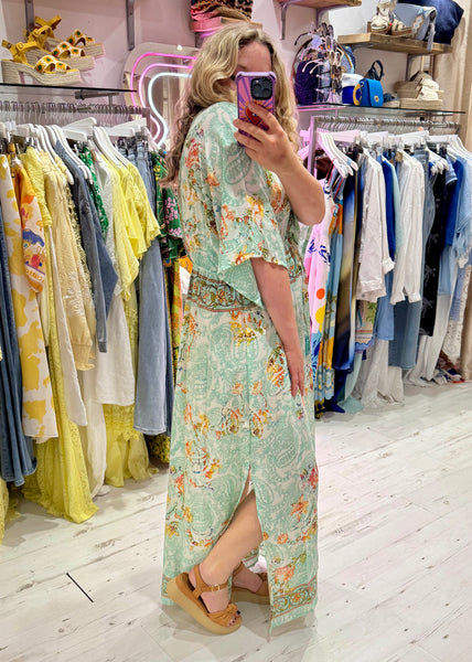 Silk Kimono Sleeve Maxi Dress | Aqua Multi
