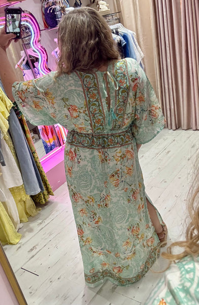 Silk Kimono Sleeve Maxi Dress | Aqua Multi