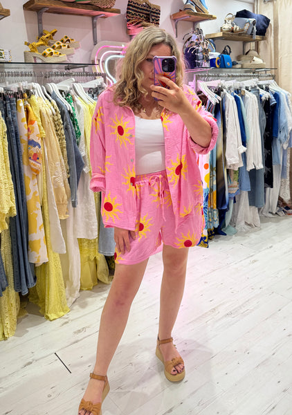 Sun Print Cotton Cheesecloth Shirt | Pink/Yellow/Red