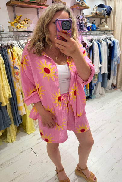 Sun Print Cotton Cheesecloth Shirt | Pink/Yellow/Red