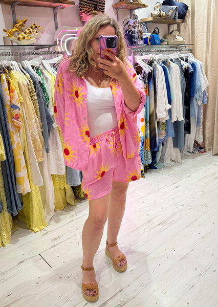 Sun Print Cotton Cheesecloth Shirt | Pink/Yellow/Red