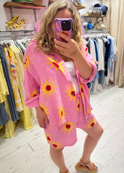 Sun Print Cotton Cheesecloth Shirt | Pink/Yellow/Red