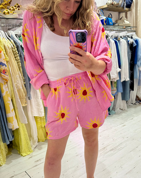 Sun Print Cotton Cheesecloth Shirt | Pink/Yellow/Red