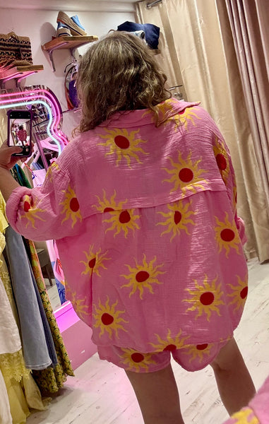 Sun Print Cotton Cheesecloth Shirt | Pink/Yellow/Red