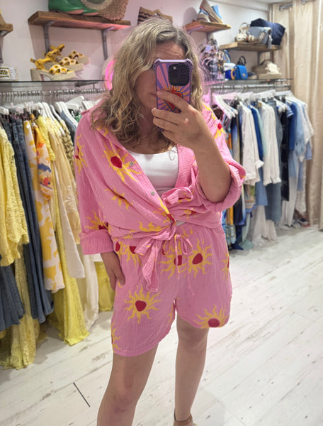 Sun Print Cotton Cheesecloth Shirt | Pink/Yellow/Red