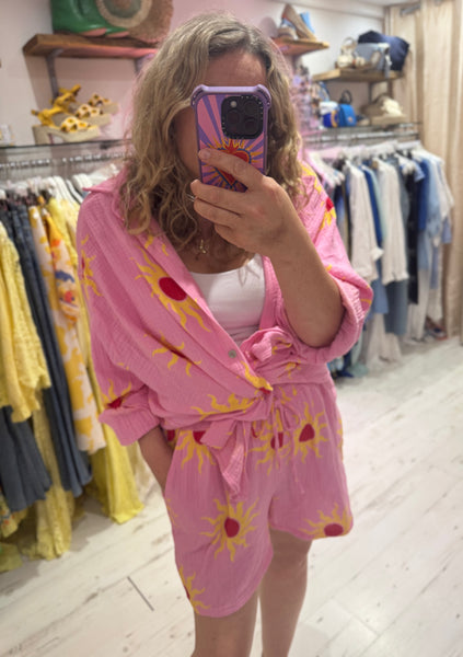 Sun Print Cotton Cheesecloth Shirt | Pink/Yellow/Red