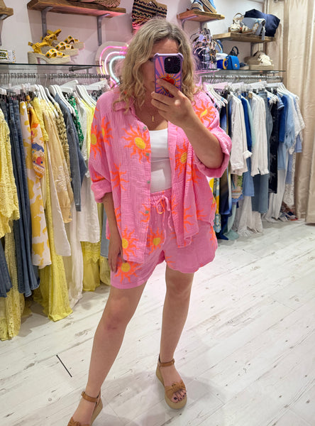 Sun Print Cotton Cheesecloth Shorts | Pink/Orange/Yellow