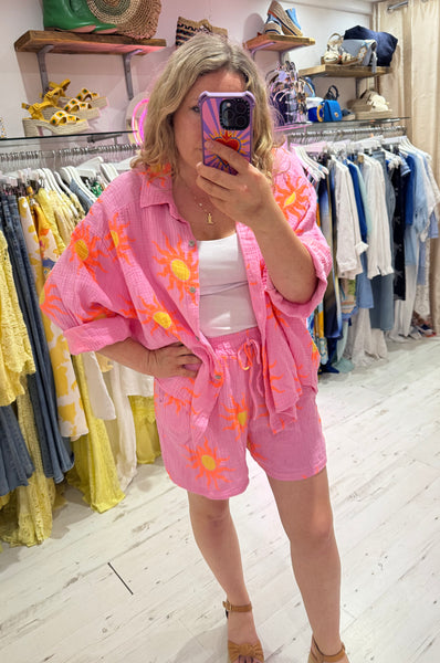 Sun Print Cotton Cheesecloth Shorts | Pink/Orange/Yellow