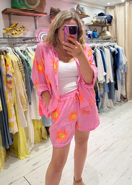Sun Print Cotton Cheesecloth Shorts | Pink/Orange/Yellow