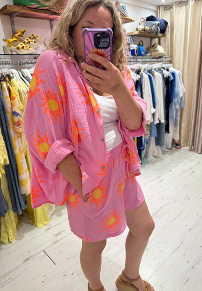 Sun Print Cotton Cheesecloth Shorts | Pink/Orange/Yellow