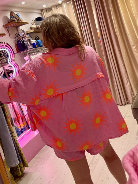 Sun Print Cotton Cheesecloth Shirt | Pink/Orange/Yellow