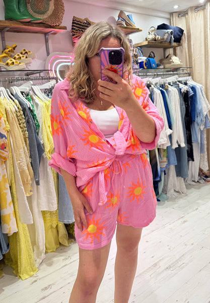 Sun Print Cotton Cheesecloth Shorts | Pink/Orange/Yellow