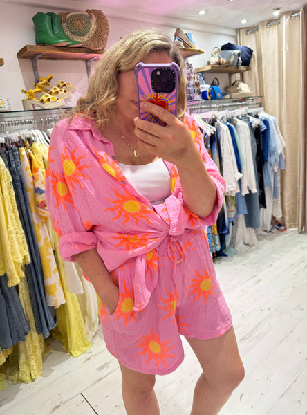 Sun Print Cotton Cheesecloth Shorts | Pink/Orange/Yellow