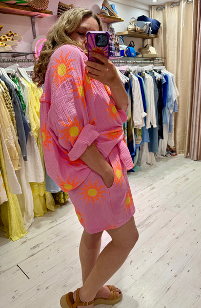Sun Print Cotton Cheesecloth Shorts | Pink/Orange/Yellow