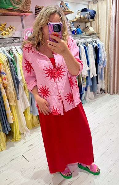 Sun Print Cotton Cheesecloth Shirt | Light Pink/Red