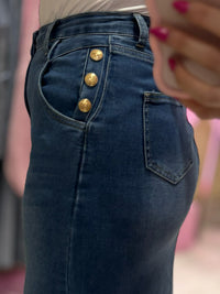 Gold Button Dark Wash Denim Midi Skirt