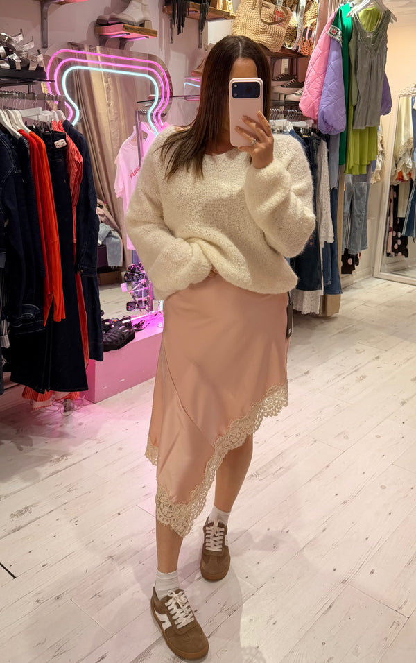 Asymmetric Lace Detail Satin Skirt | Shell Pink