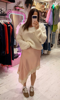 Asymmetric Lace Detail Satin Skirt | Shell Pink