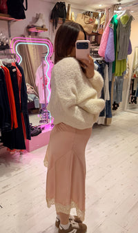 Asymmetric Lace Detail Satin Skirt | Shell Pink