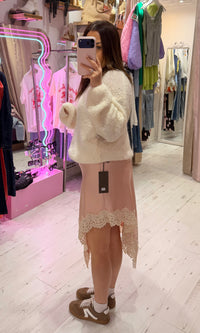 Asymmetric Lace Detail Satin Skirt | Shell Pink