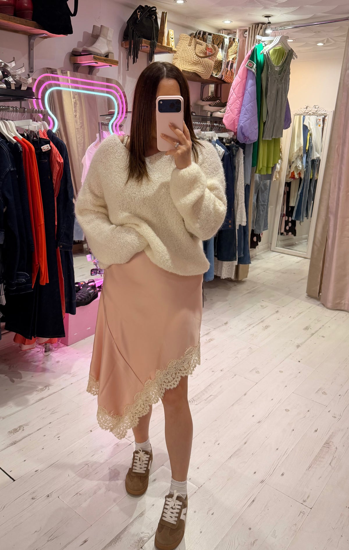 Asymmetric Lace Detail Satin Skirt | Shell Pink