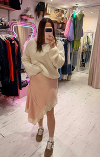 Asymmetric Lace Detail Satin Skirt | Shell Pink
