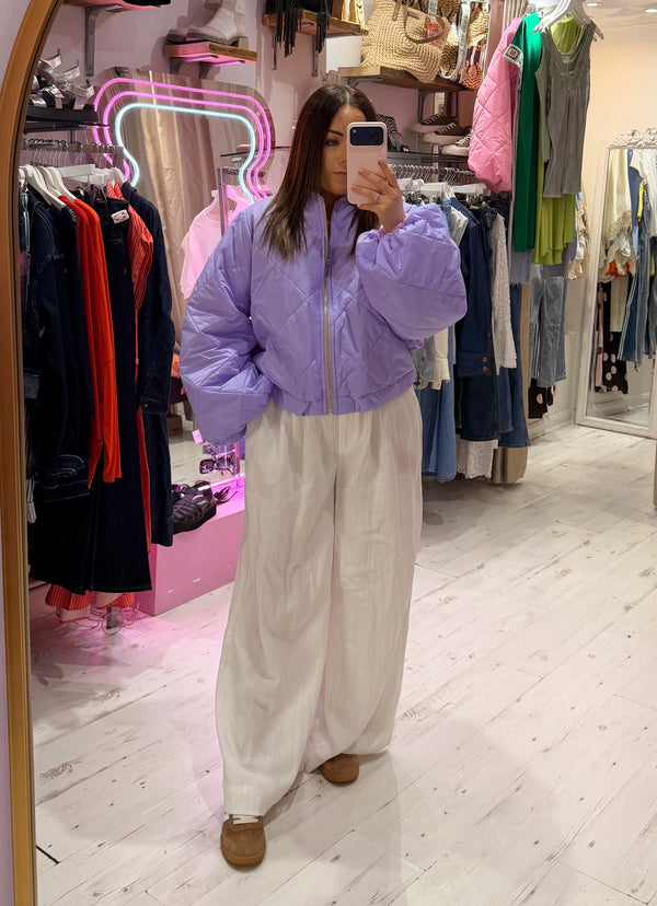 Lightweight Quilted Bomber Jacket with Balloon Sleeves | Lilac