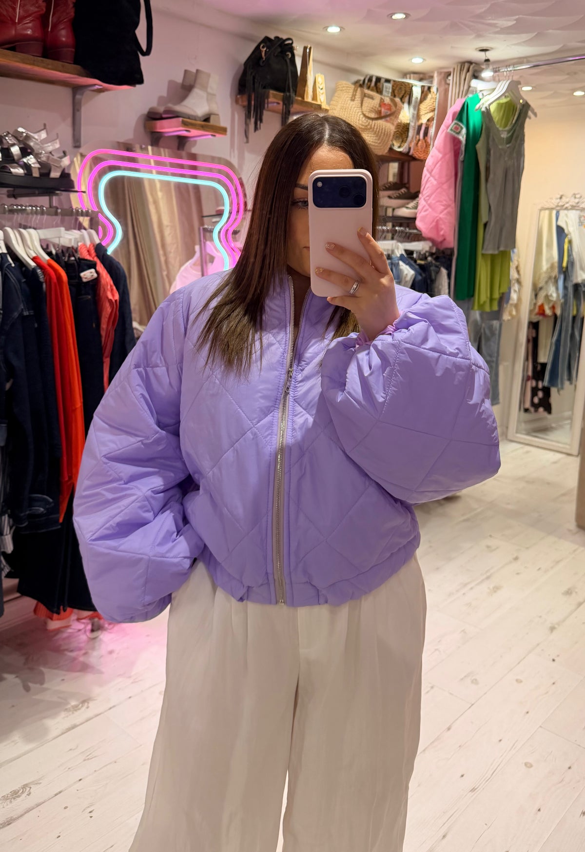 Lightweight Quilted Bomber Jacket with Balloon Sleeves | Lilac