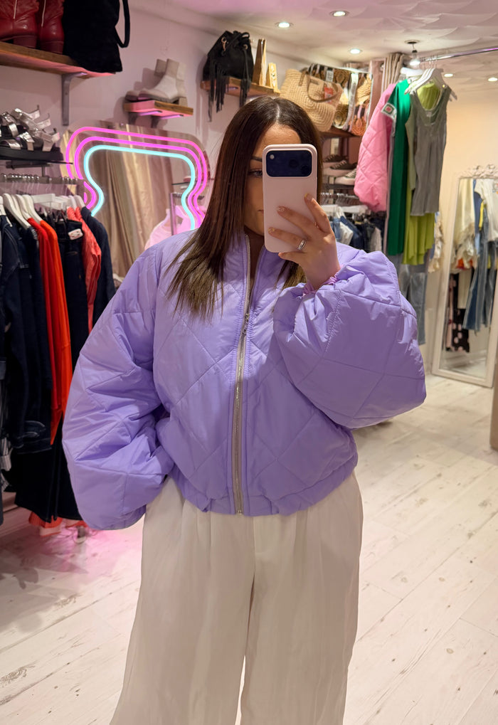 Lightweight Quilted Bomber Jacket with Balloon Sleeves | Lilac