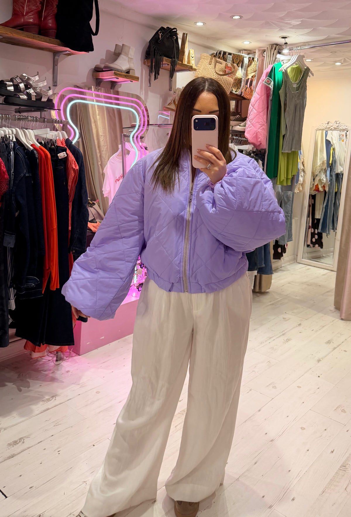 Lightweight Quilted Bomber Jacket with Balloon Sleeves | Lilac