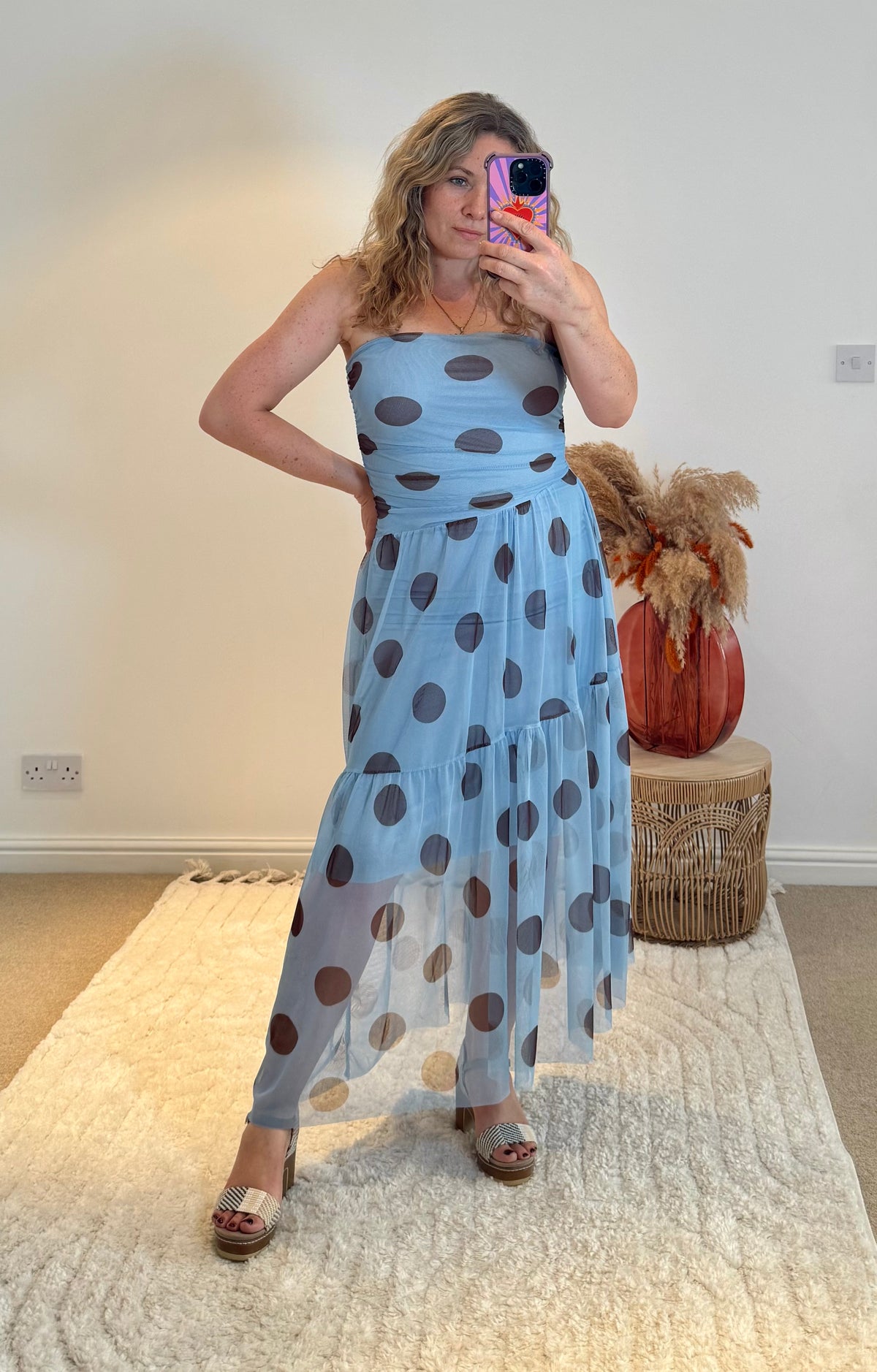 Bandeau Mesh Polka Dot Midi Dress | Pale Blue/Chocolate