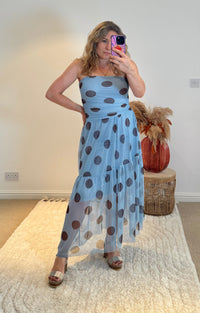 Bandeau Mesh Polka Dot Midi Dress | Pale Blue/Chocolate