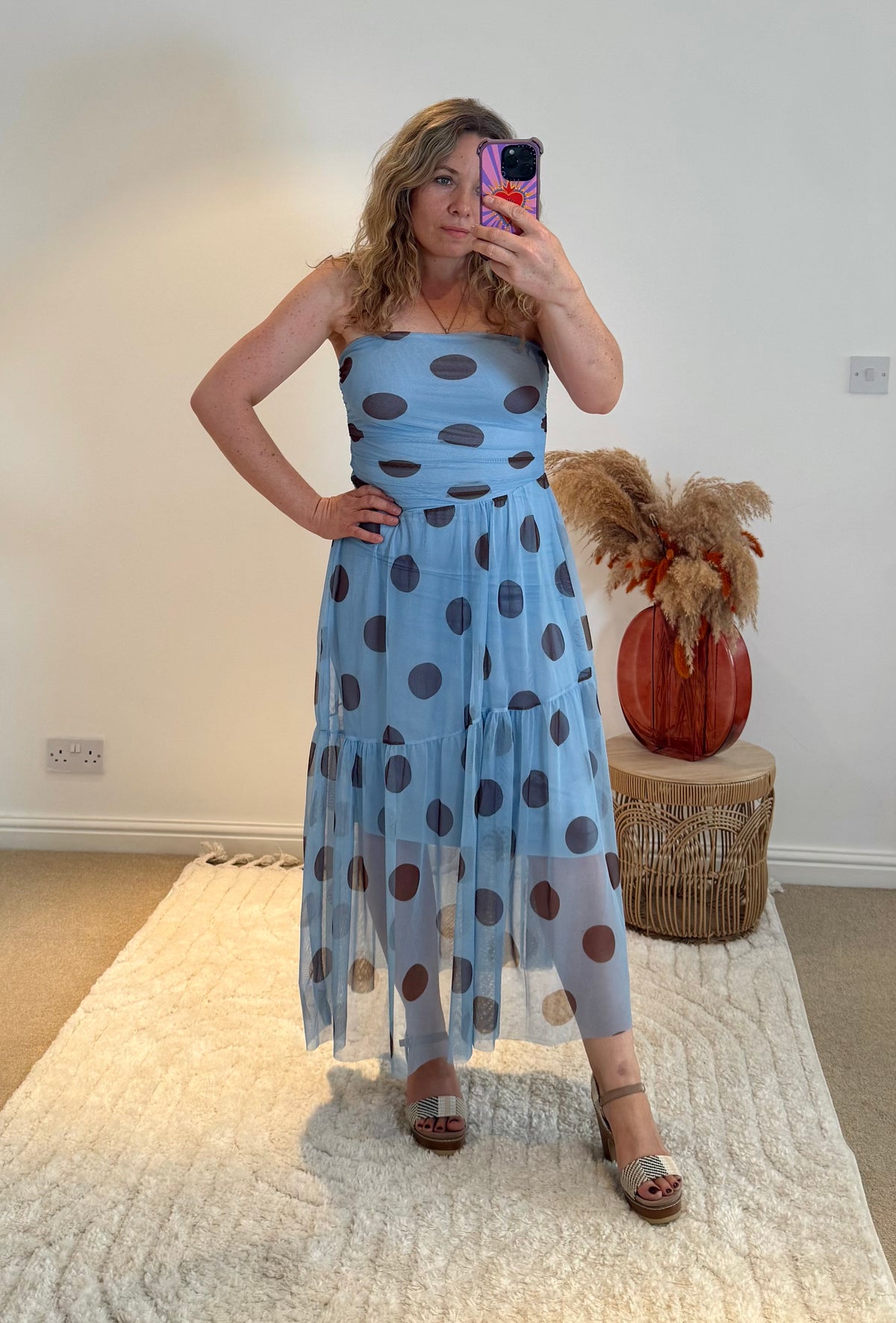 Bandeau Mesh Polka Dot Midi Dress | Pale Blue/Chocolate