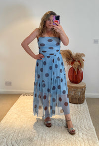 Bandeau Mesh Polka Dot Midi Dress | Pale Blue/Chocolate