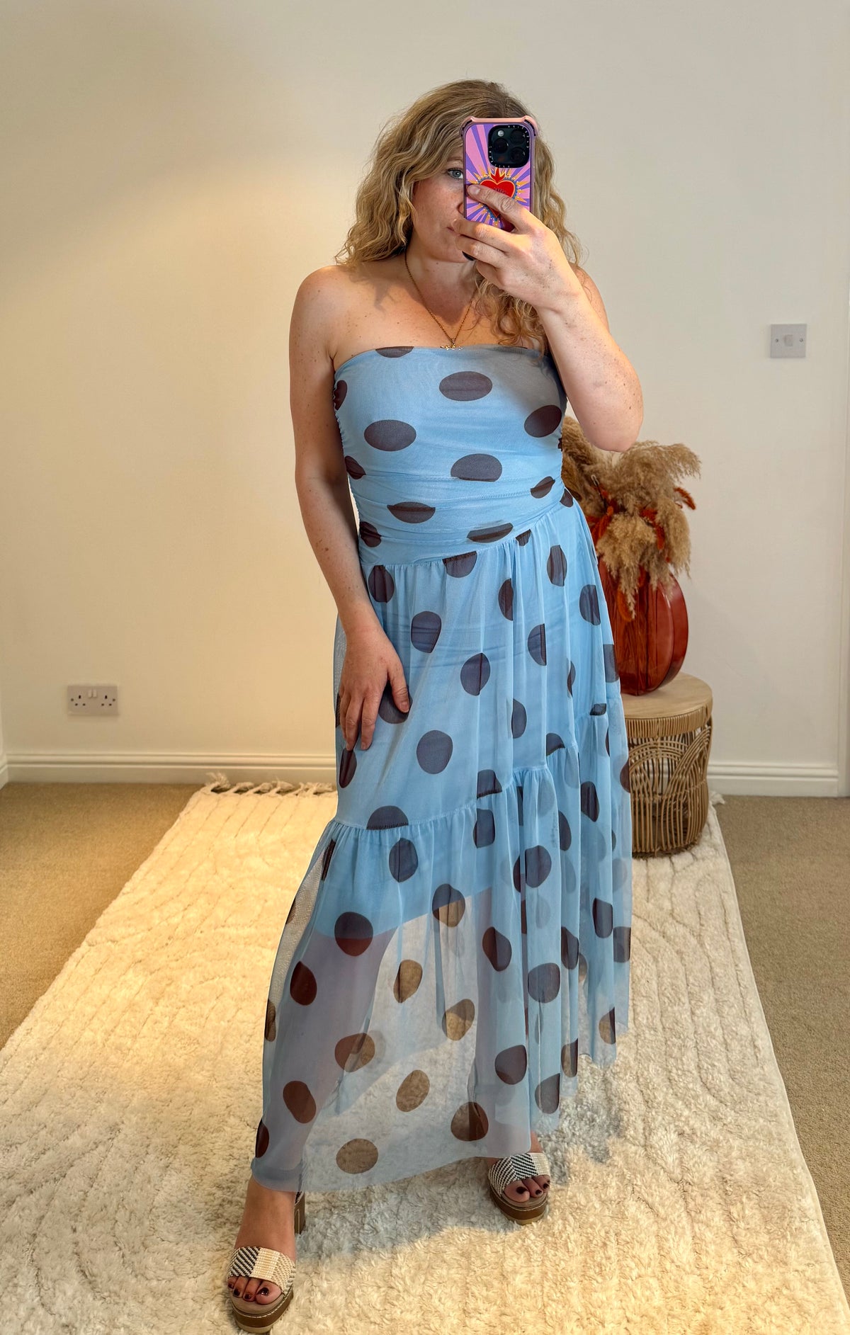 Bandeau Mesh Polka Dot Midi Dress | Pale Blue/Chocolate