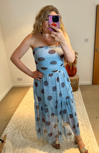 Bandeau Mesh Polka Dot Midi Dress | Pale Blue/Chocolate