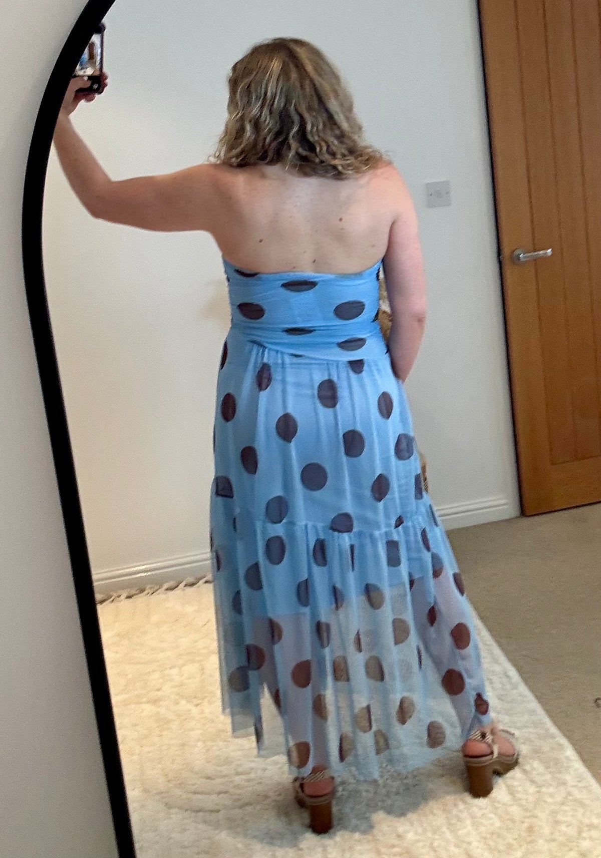 Bandeau Mesh Polka Dot Midi Dress | Pale Blue/Chocolate