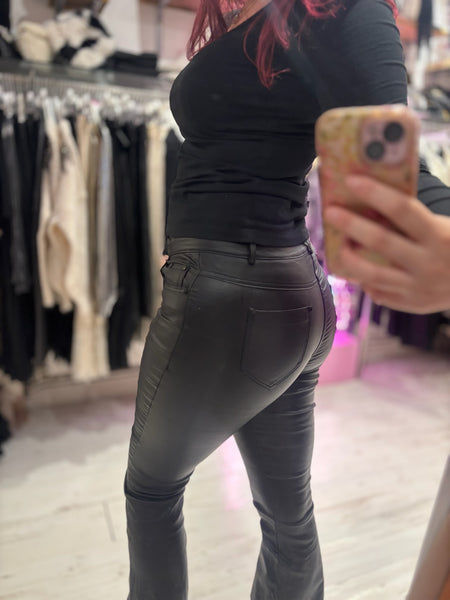 Coated Wet Look Flared Jeans | Black