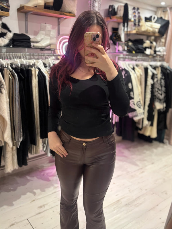 Coated Wet Look Flared Jeans | Chocolate