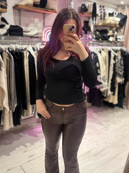 Coated Wet Look Flared Jeans | Chocolate