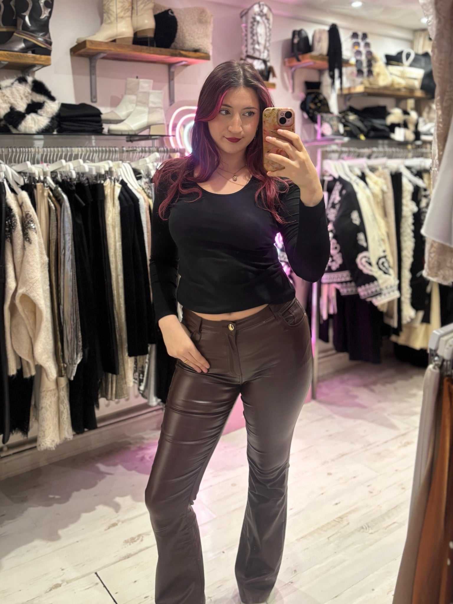 Coated Wet Look Flared Jeans | Chocolate