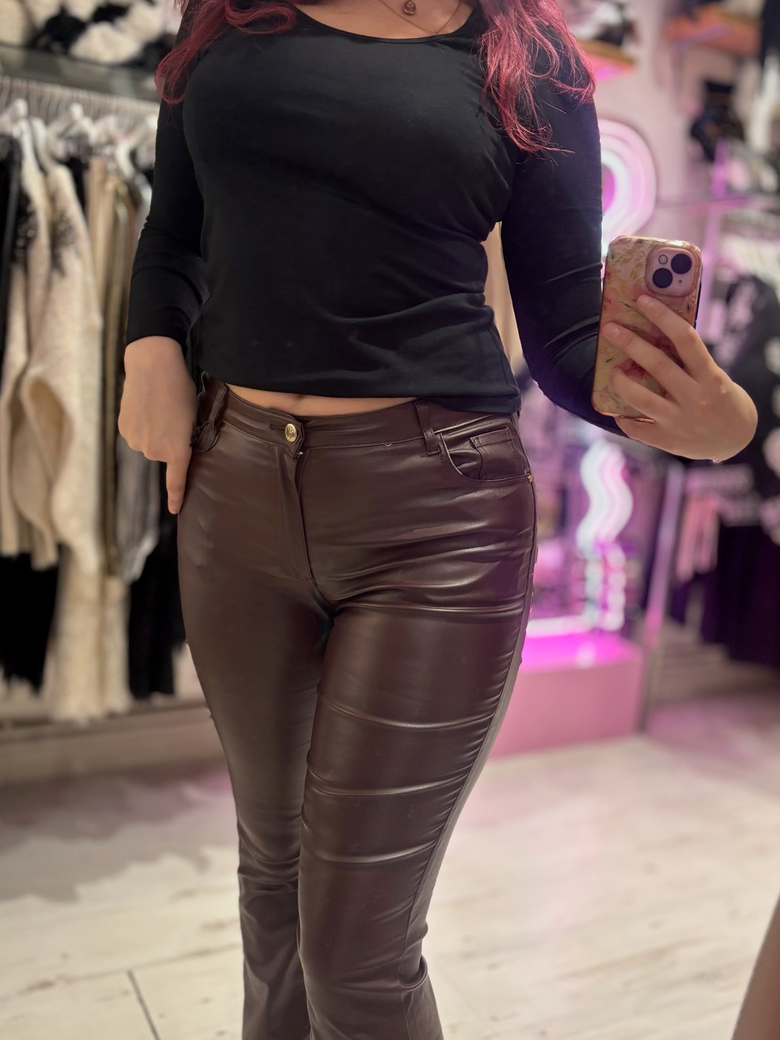 Coated Wet Look Flared Jeans | Chocolate