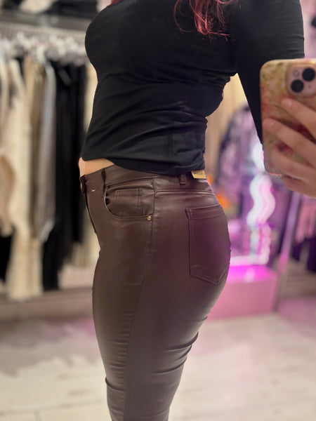 Coated Wet Look Flared Jeans | Chocolate