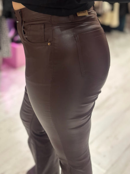 Coated Wet Look Flared Jeans | Chocolate