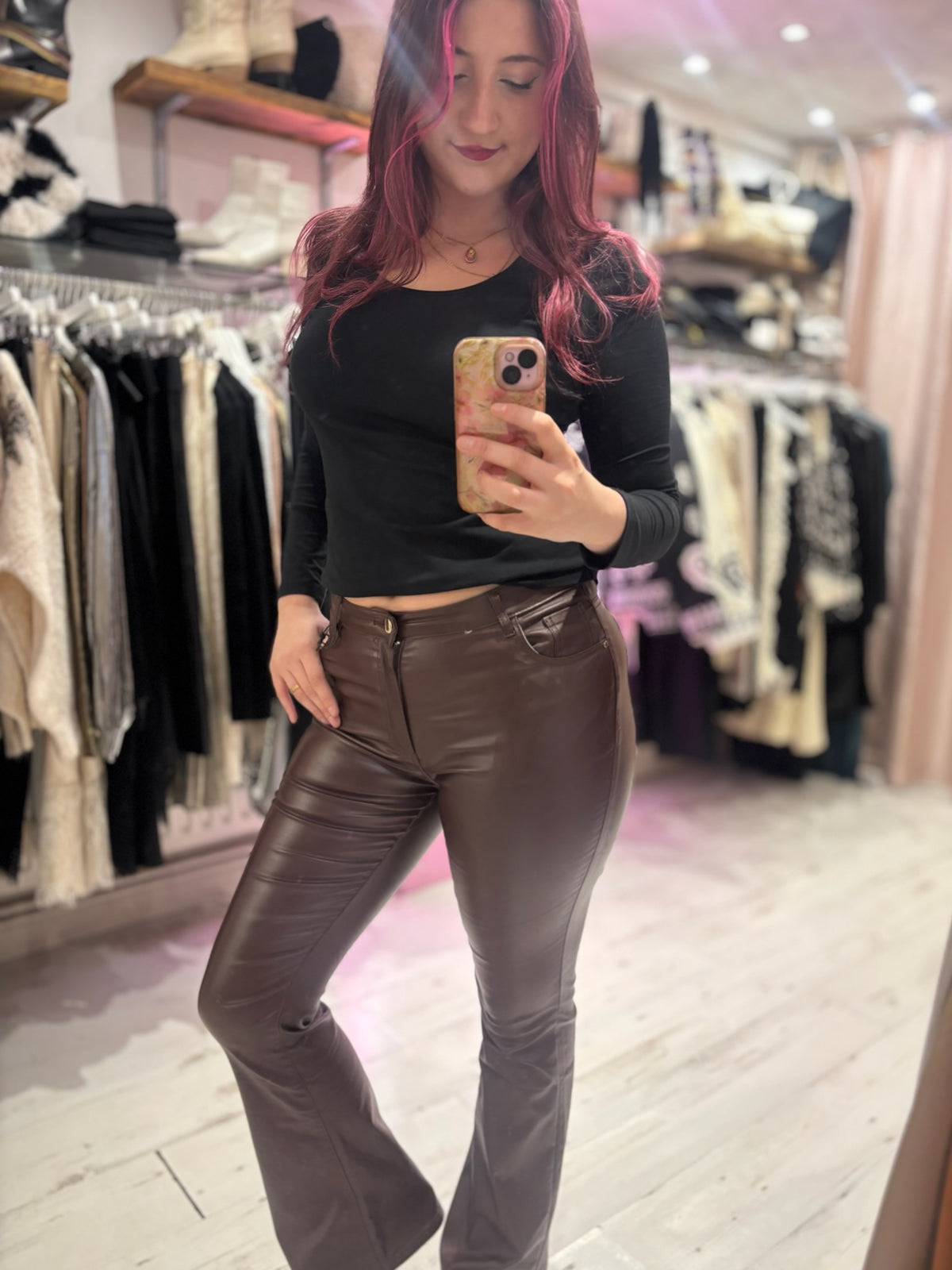 Coated Wet Look Flared Jeans | Chocolate