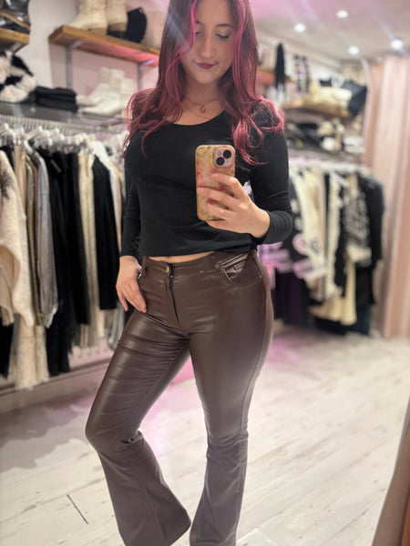 Coated Wet Look Flared Jeans | Chocolate