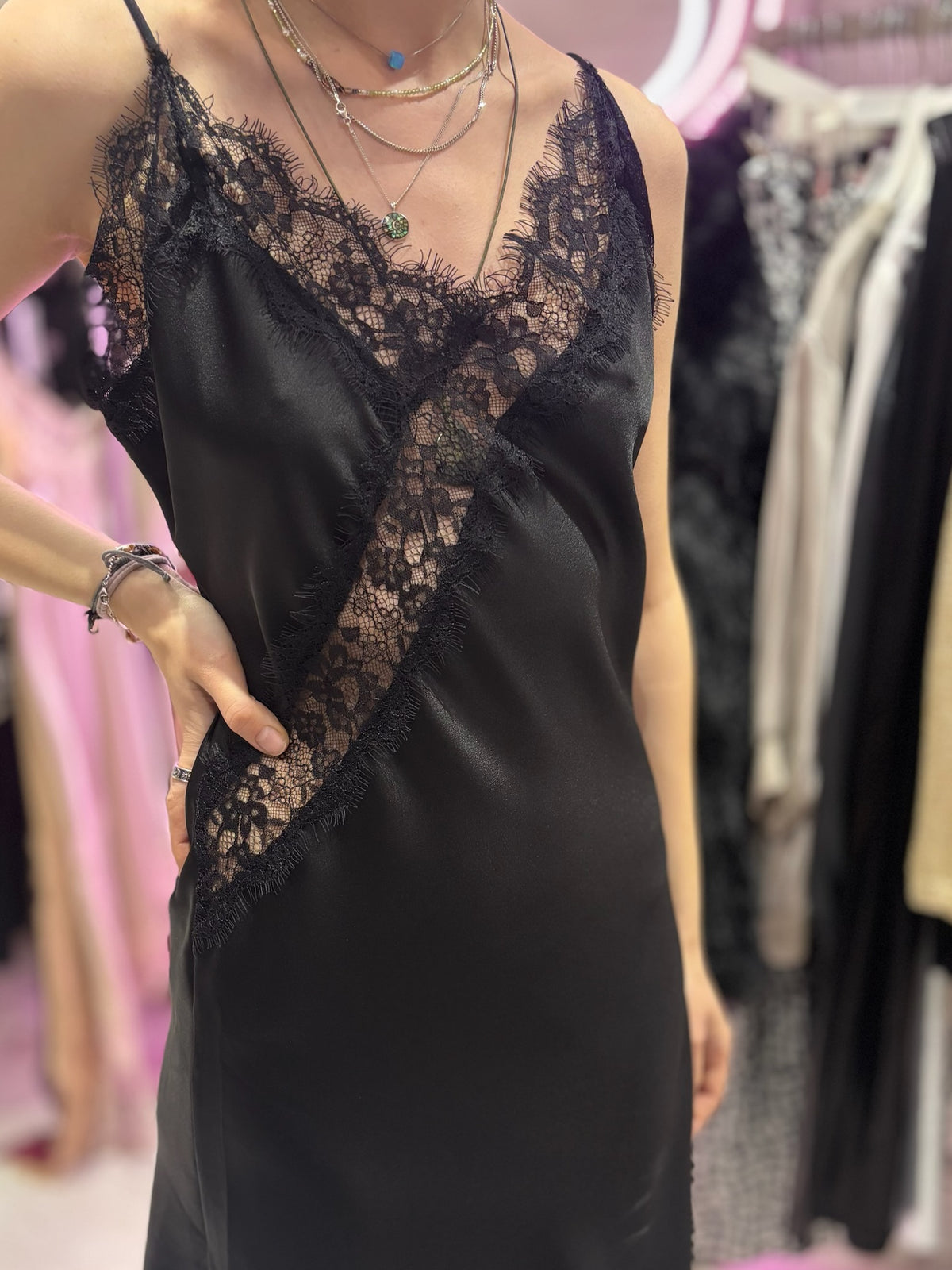 Lace Detail Satin Asymmetric Dress | Black