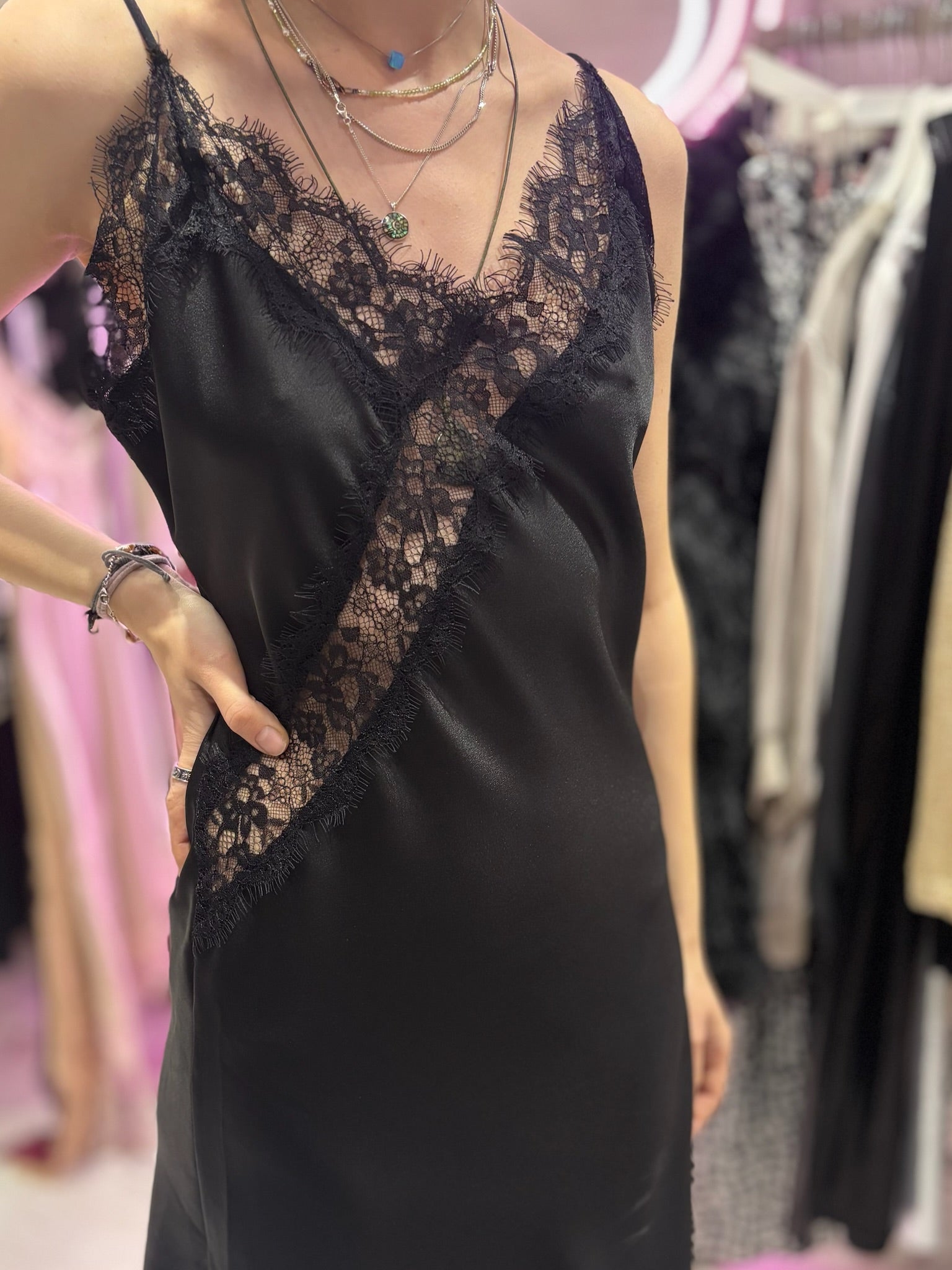 Lace Detail Satin Asymmetric Dress | Black