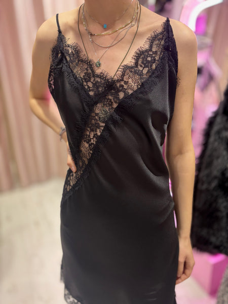 Lace Detail Satin Asymmetric Dress | Black